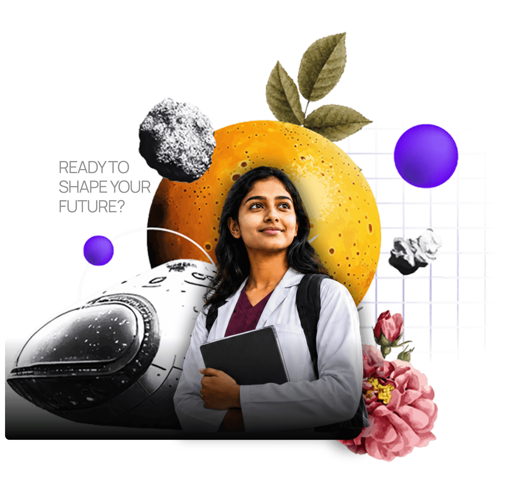 Campus ambassador holding a tablet, surrounded by imaginative futuristic objects